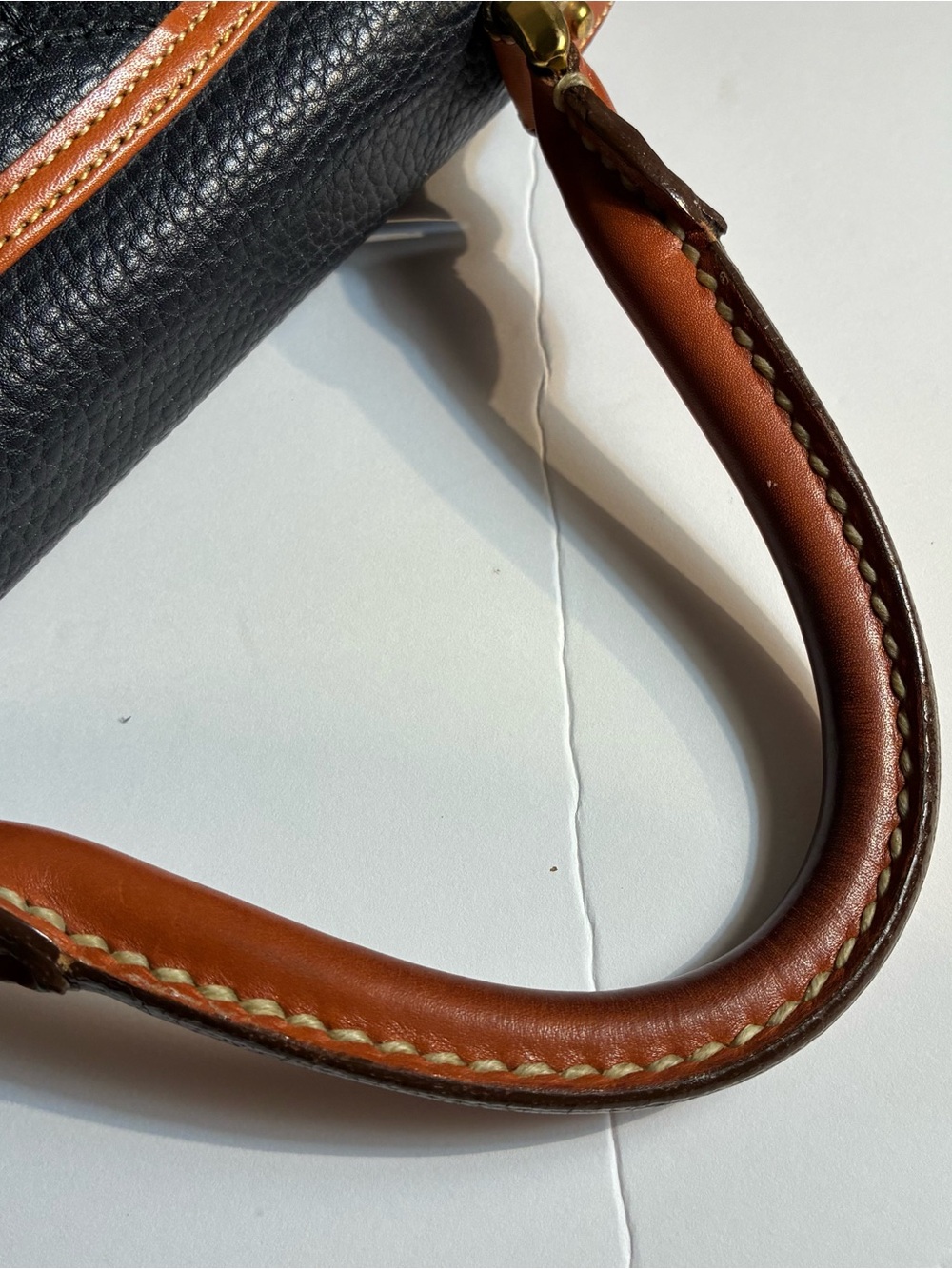 Vintage 80’s Dooney & Bourke Black Pebbled Leather Satchel with Brown Trim Navy - Picture 13 of 15